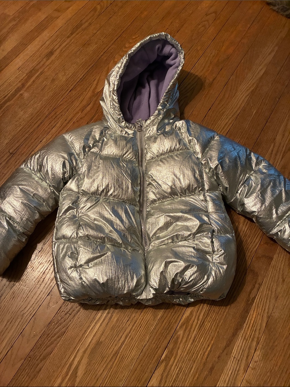 George Metallic Silver Puffer Jacket with Purple Lining
